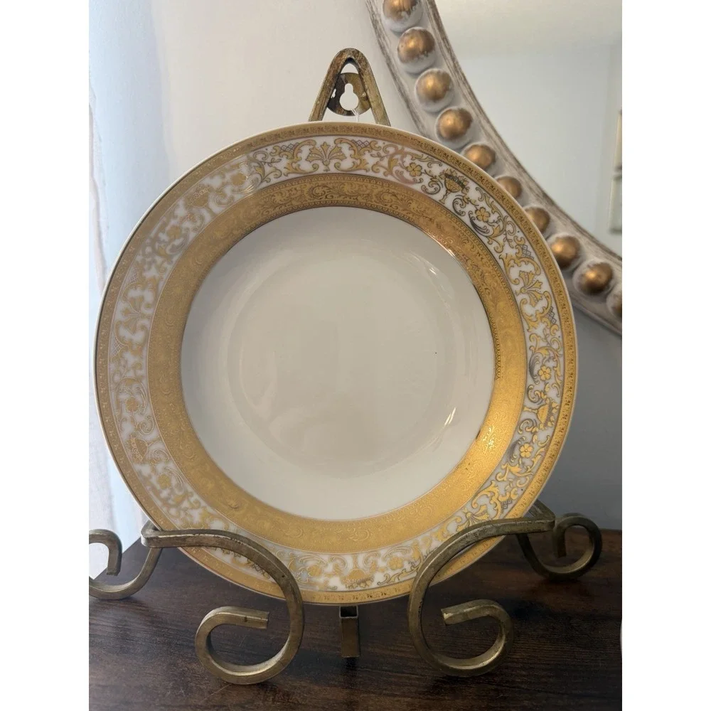 Vintage GNA 9 Fine Porcelain Rim Soup Bowls Set of 4 Gold Encrusted Gold Trim 8